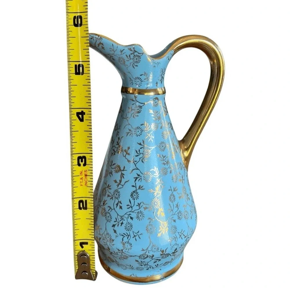 Vintage Pearl China Tiffany Blue Mini Pitcher Creamer Bud Vase 22KT Gold Cottage